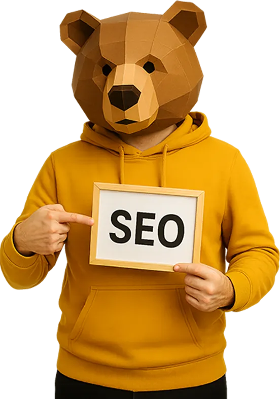SEO Specialist in a yellow hoodie pointing to a sign with SEO on it wearing a Bear poly mask