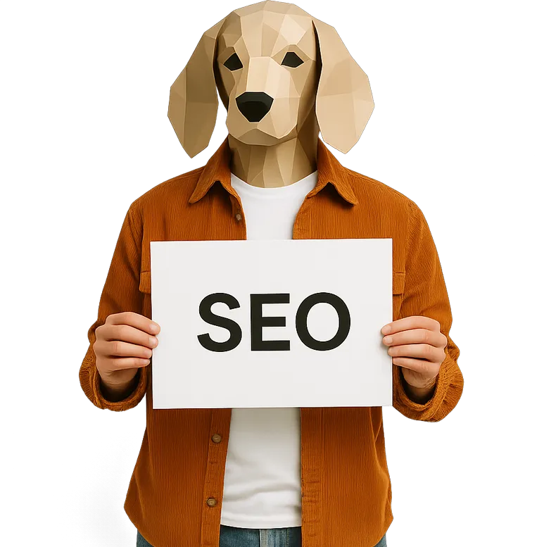 SEO Specialist in a yellow hoodie pointing to a sign with SEO on it wearing a Bear poly mask