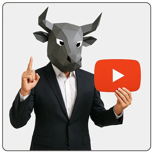 Man in a suite holding a YouTube Logo with a Bull poly mask face