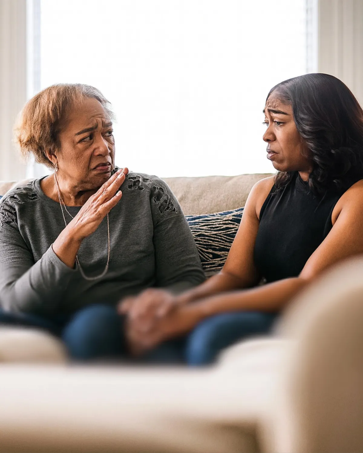 worried mother taking to child