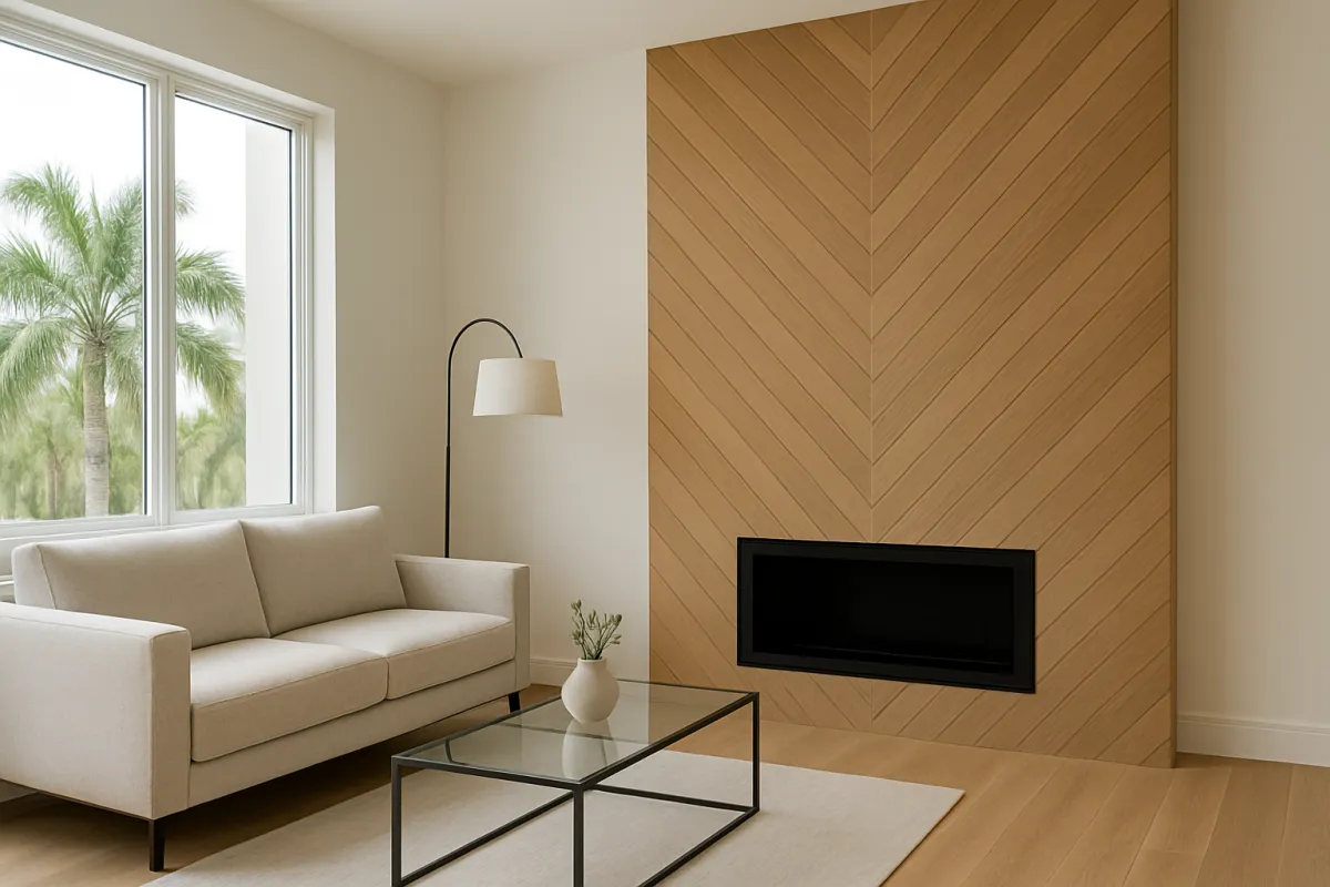 moderns designed cheveron wall with sleek black built in firelace