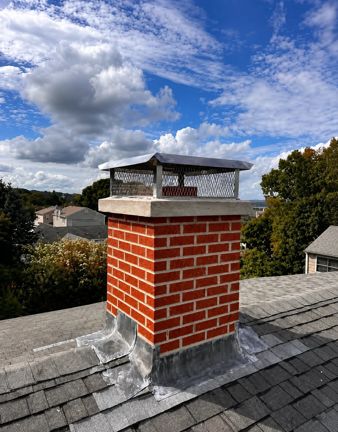 Close-up of a stainless steel chimney cap installed on a chimney crown