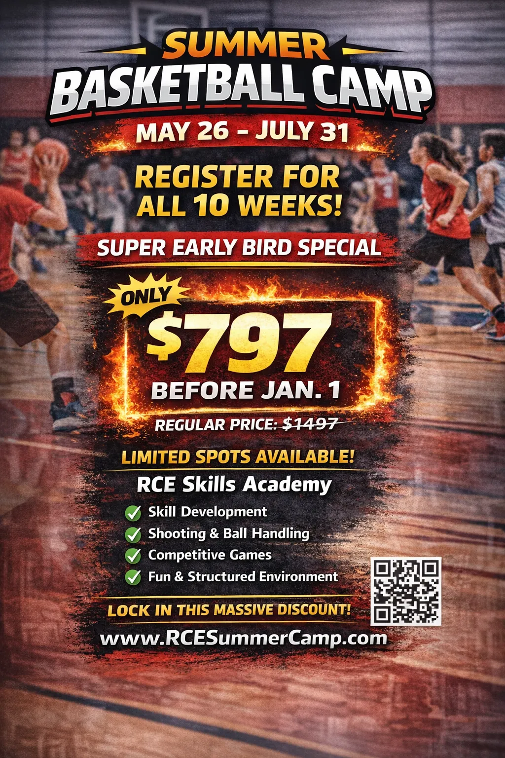 A diverse group of children laughing and playing soccer on a sunlit field, with a coach cheering them on. The background features bright summer skies and green grass, capturing the energy and excitement of camp activities. The image is vibrant, dynamic, and conveys inclusivity and joy.