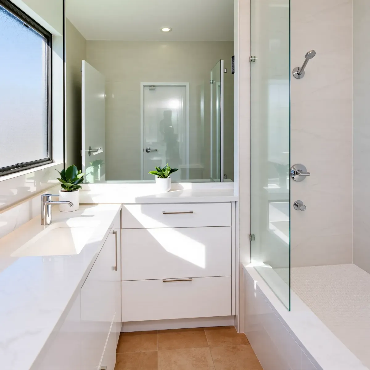 Modern small bathroom in Hawthorne, CA with light tiles, white quartz vanity, glass shower, and sleek fixtures.