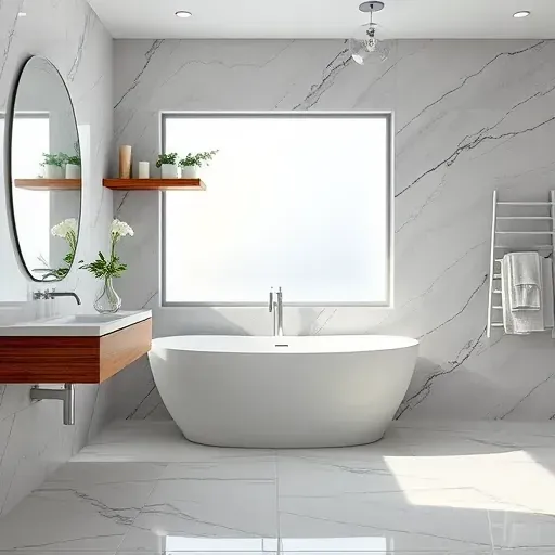 Modern bathroom remodel in Carson CA featuring freestanding tub, marble tiles, and stylish vanity with wood accents.