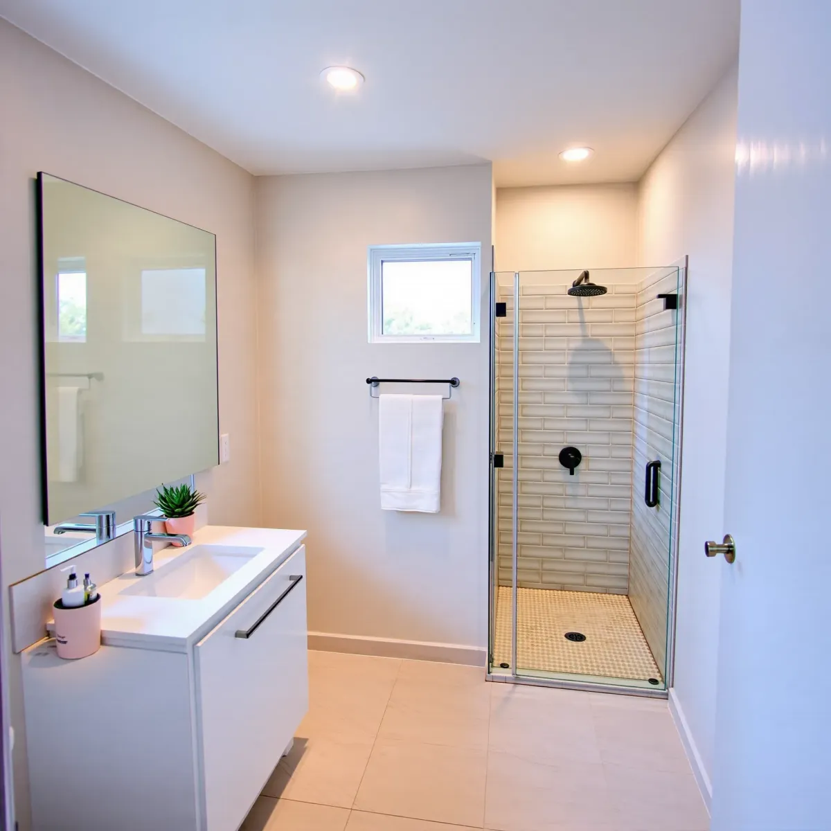 Modern small bathroom in Lennox, CA with beige tiles, white fixtures, glass shower, and natural light.