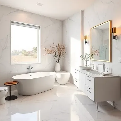 Spacious modern bathroom remodel in El Segundo CA featuring a soaking tub, marble tiles, and elegant fixtures.