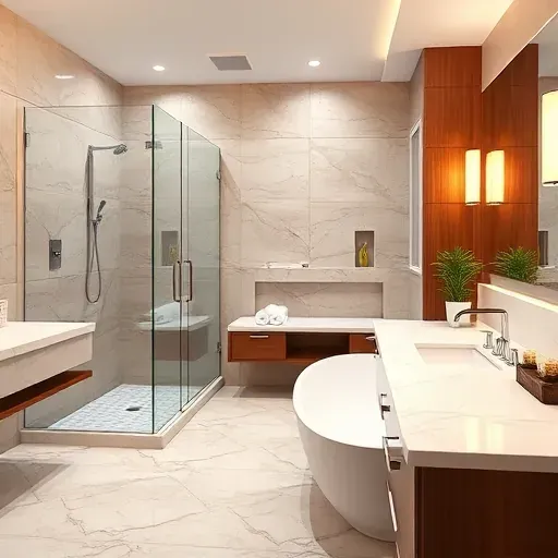 Modern bathroom remodel in Playa Vista CA featuring chrome fixtures, marble countertops, freestanding tub, and walk-in shower.
