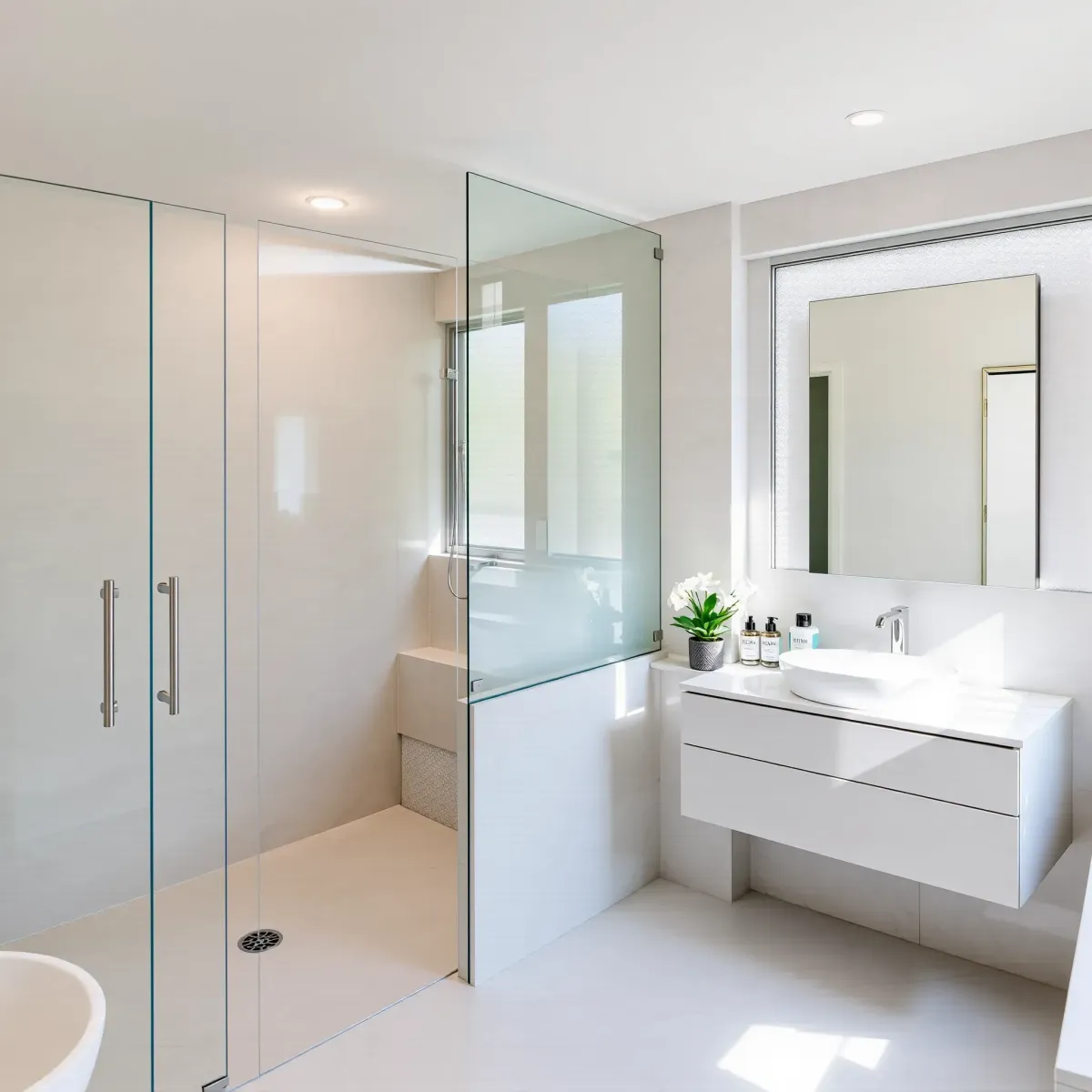 Modern renovated Fairfax District bathroom with glass shower, marble tiles, stylish vanity, and elegant neutral decor.