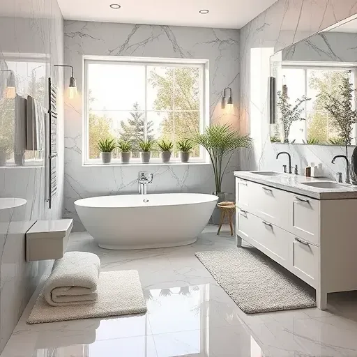 Luxurious bathroom in Lennox, CA with gray marble tiles, chrome fixtures, soaking tub, and modern double vanity.