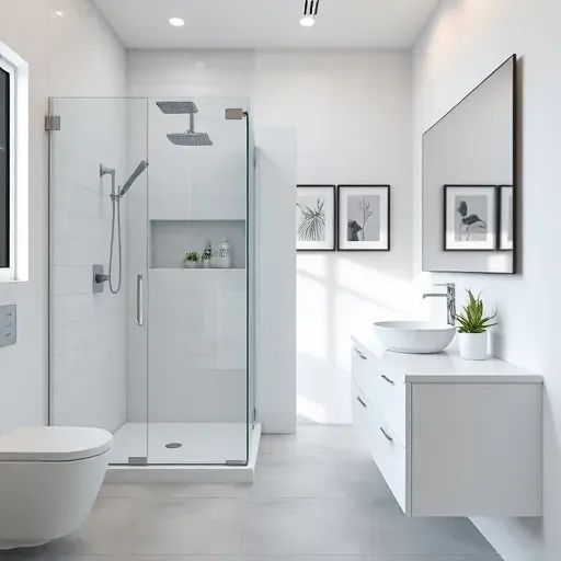 A renovated small bathroom in Venice CA features modern design, minimalist tiles, glass shower, and sleek fixtures.