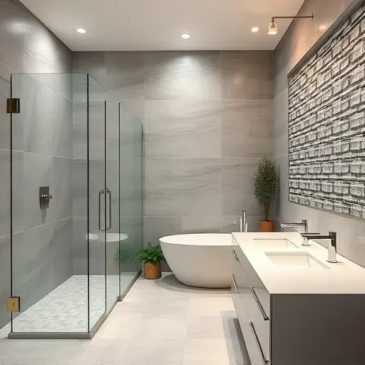 Completed bathroom remodel in South Los Angeles featuring a walk-in shower, freestanding tub, and modern decor.