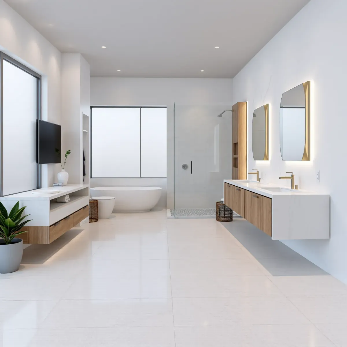 Remodeled Westchester, CA bathroom with sleek fixtures, marble countertops, frameless shower, and modern design.