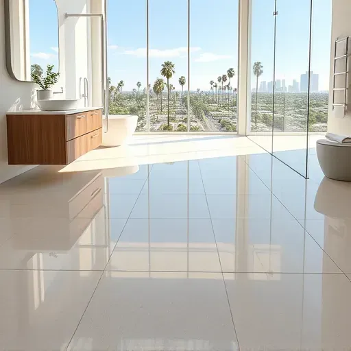 Modern Los Angeles bathroom with neutral ceramic tile flooring, sleek fixtures, large windows, and cityscape view