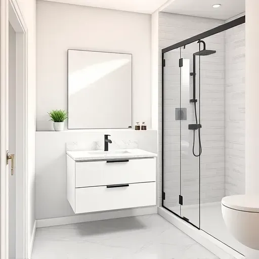 Remodeled small Hyde Park CA bathroom with modern fixtures, marble vanity, walk-in shower, neutral tones, and natural light