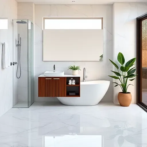 Luxurious Playa Vista bathroom remodel with polished marble tiles, modern fixtures, double sink vanity, and freestanding tub.