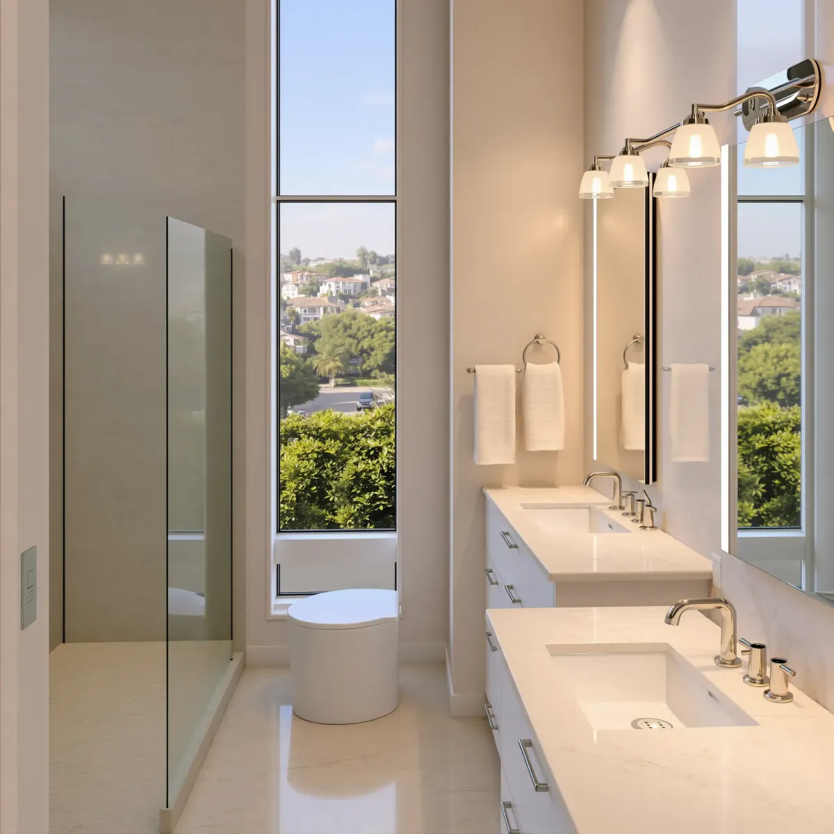 Luxurious Beverly Hills bathroom with marble surfaces, modern fixtures, walk-in shower, ambient lighting, and lush greenery view.