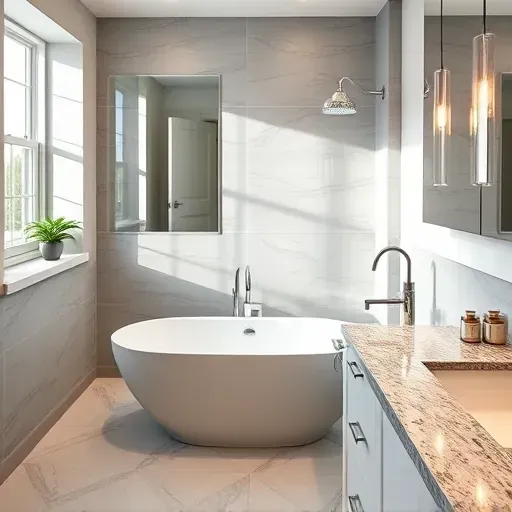 Elegant remodeled bathroom in Carson CA features a freestanding tub, granite countertops, and stylish tile accents.