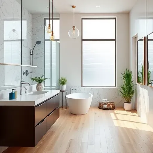 Modern bathroom remodel in Hyde Park CA featuring walk-in shower, freestanding tub, quartz vanity, and neutral tones.