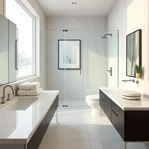 Remodeled small bathroom in Beverly Hills with marble countertops, matte black fixtures, and a spacious glass shower.