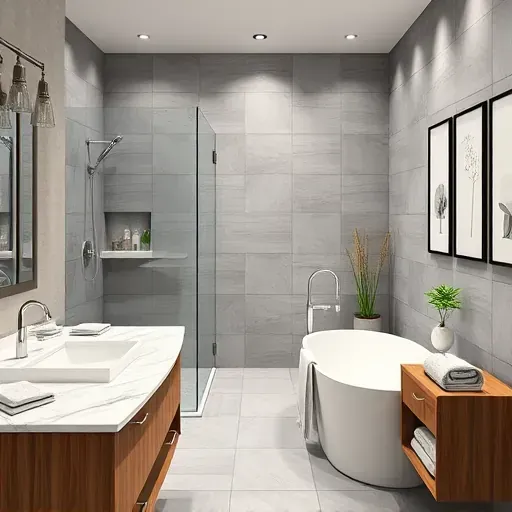 Completed bathroom remodel in Wilmington CA featuring modern fixtures, a walk-in shower, freestanding tub, and chic decor.