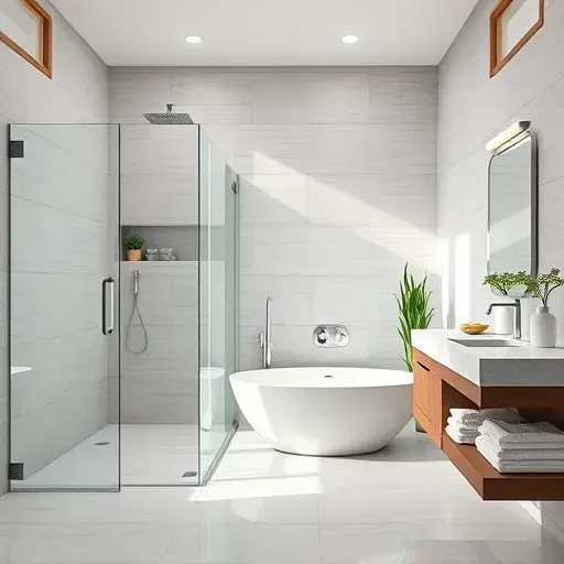Contemporary bathroom remodeling in Fairfax District CA with sleek fixtures, a walk-in shower, and a freestanding bathtub.