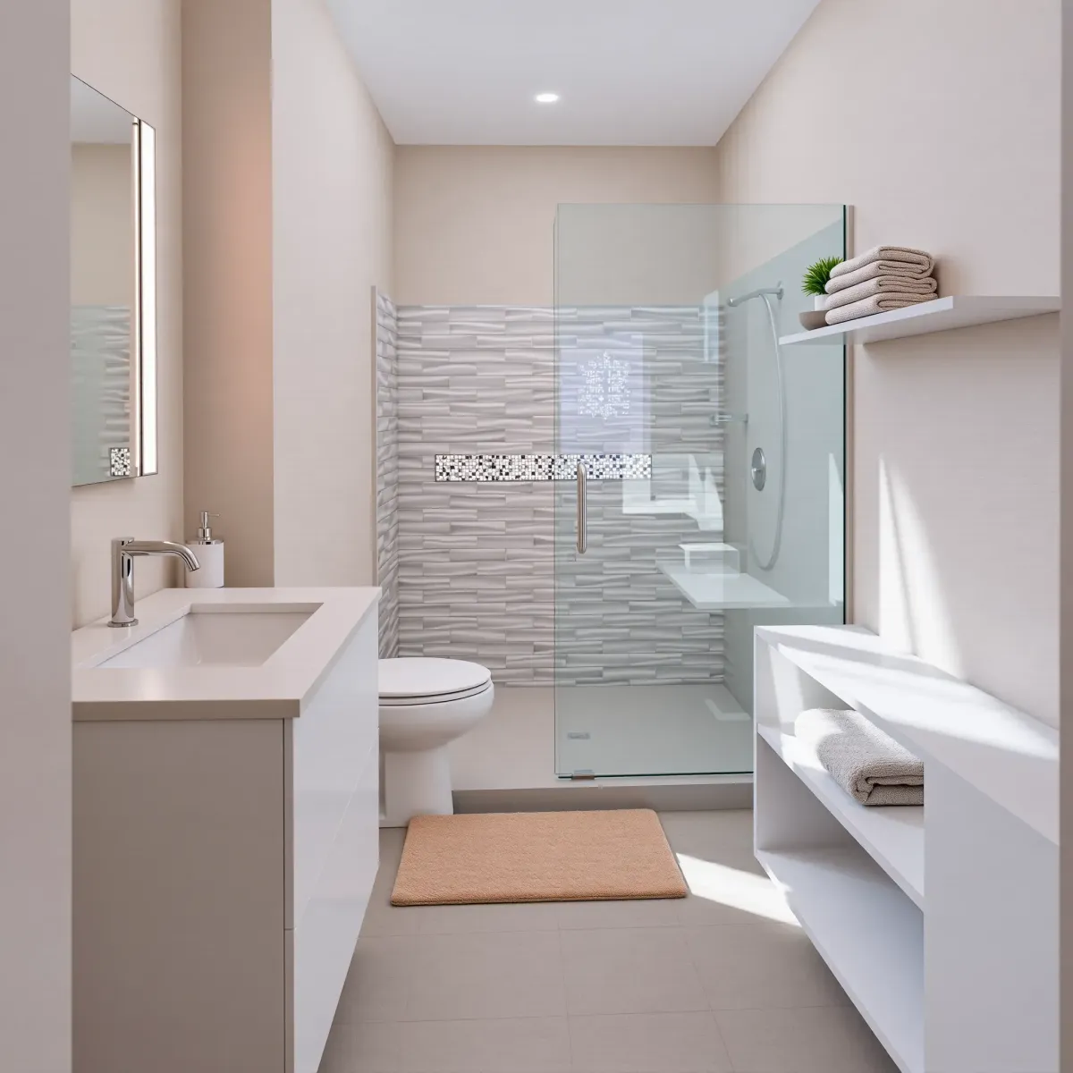 Modern renovated small bathroom in Leimert Park, CA with sleek vanity, glass shower, subway tiles, and natural light.