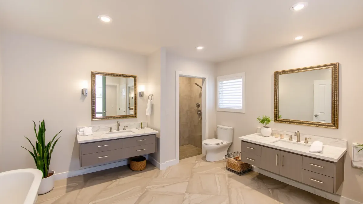 Remodeled Windsor Hills, CA bathroom with modern fixtures, glass shower, freestanding tub, double vanity, marble floors, and natural light.
