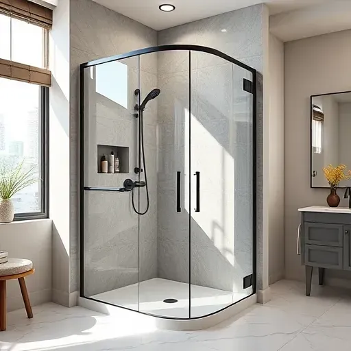 Elegant modern walk-in shower with clear glass doors, textured neutral tiles, matte black fixtures, and luxurious bathroom details in Los Angeles