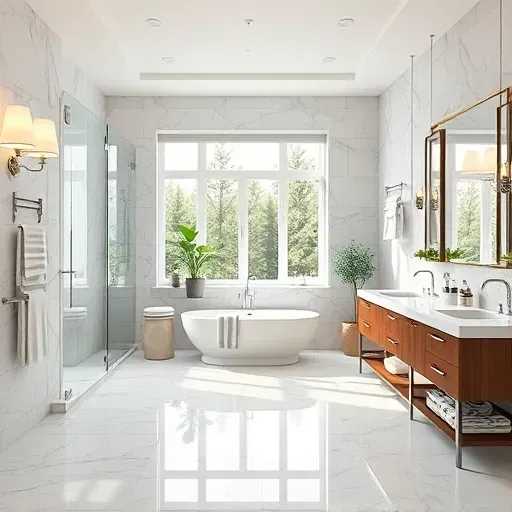 Stylish bathroom remodel in Jefferson Park CA featuring modern fixtures, elegant design, freestanding tub, and serene colors.