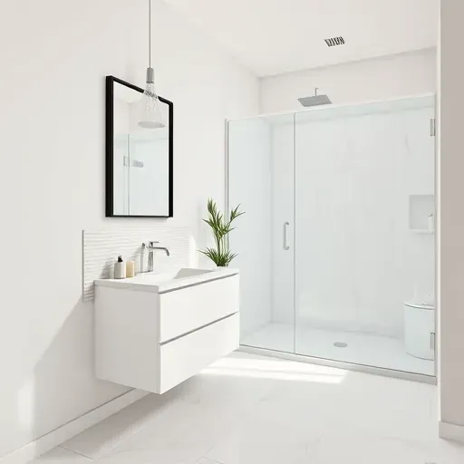 Recently remodeled Los Angeles half bathroom with modern white vanity, marble countertop, textured tiles, and natural lighting