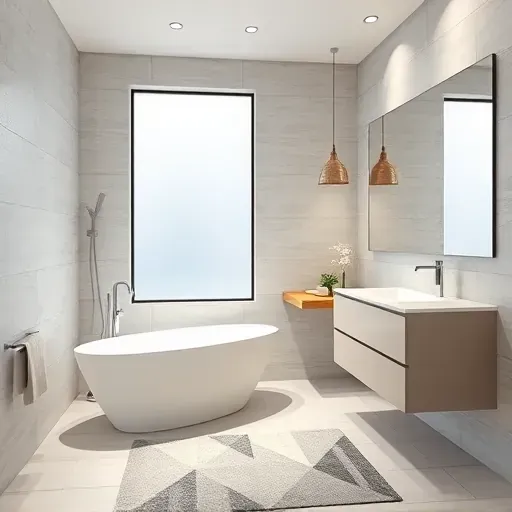 Modern bathroom remodel in Lomita CA features freestanding tub, frosted window, textured tiles and sleek fixtures.