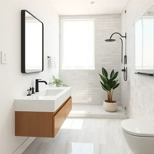 Remodeled Venice CA small bathroom with modern fixtures, marble vanity, glass shower, subway tiles, black accents, and coastal natural light