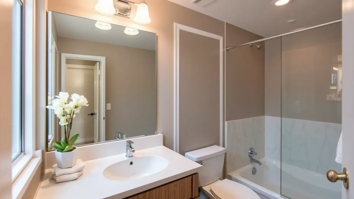 Beautiful Baldwin Hills bathroom with marble countertops, glass shower, modern fixtures, and elegant, tranquil decor.