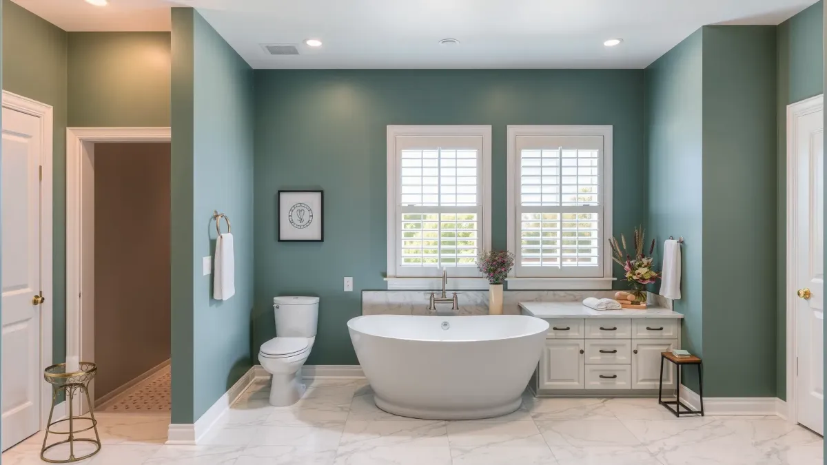 Recently remodeled Hermosa Beach bathroom featuring a modern shower, freestanding bathtub, double vanity, and coastal décor.