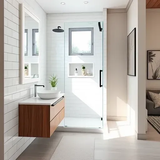 Recently renovated small bathroom in Rancho Park with modern white tile shower, wooden vanity, LED mirror, and natural light