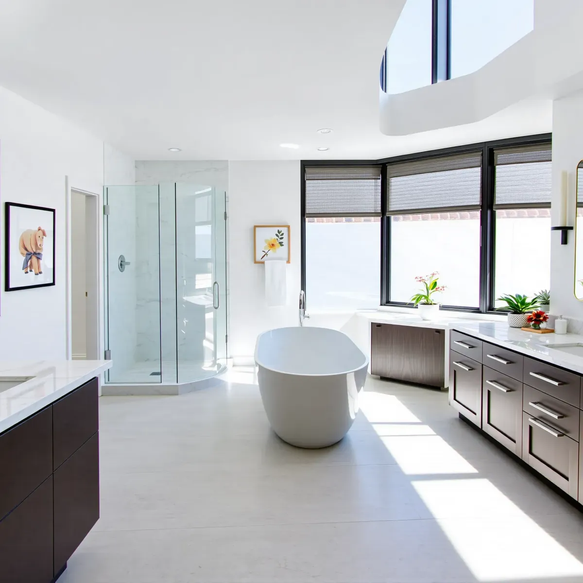 Modern Crenshaw bathroom with glossy white vanity, textured subway tiles, rain shower, natural light, and sleek fixtures.