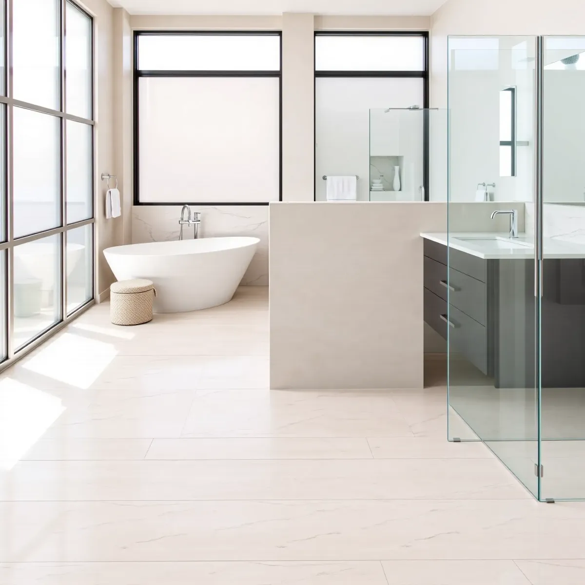 Modern El Segundo bathroom with white marble countertops, chrome fixtures, glass shower, and natural light.
