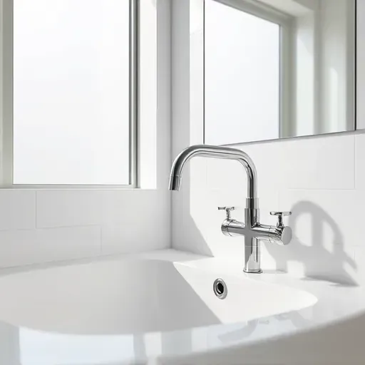 Clean modern Los Angeles bathroom with polished chrome fixtures, sleek piping, white tiles, and bright natural light.