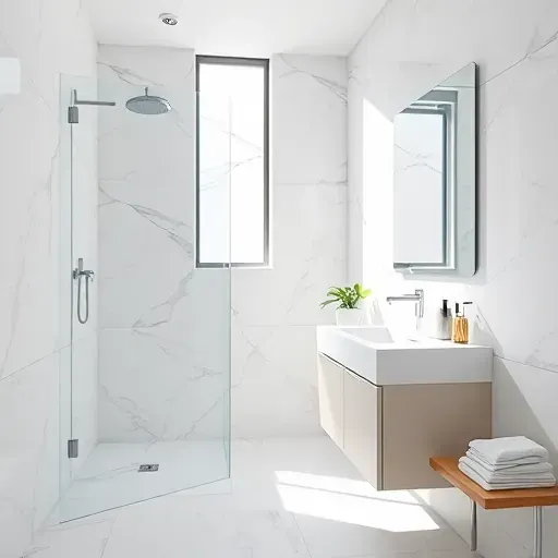 Modern small bathroom remodel in Los Angeles features marble walls, glass shower, quartz vanity, and natural light.