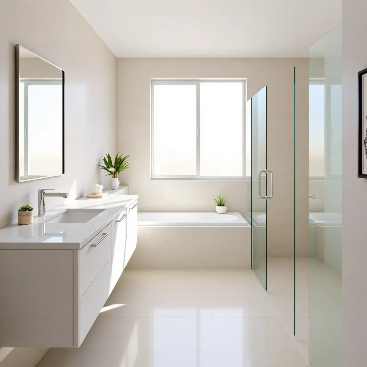 Venice, CA bathroom remodel with white marble tiles, wall-mounted wooden vanity, glass shower, and coastal-inspired decor.
