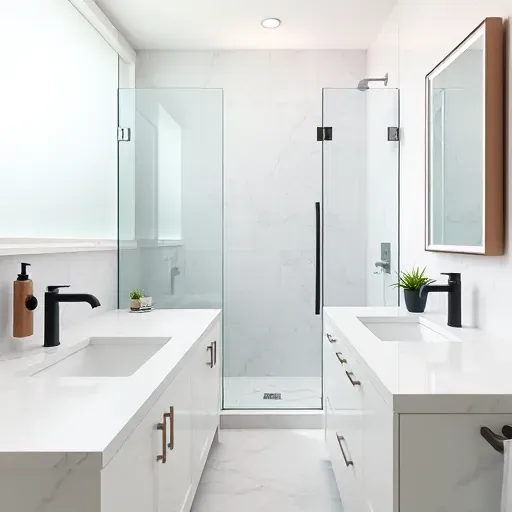 Modern renovated guest bathroom in Los Angeles with marble countertops, glass shower, black fixtures, and natural light