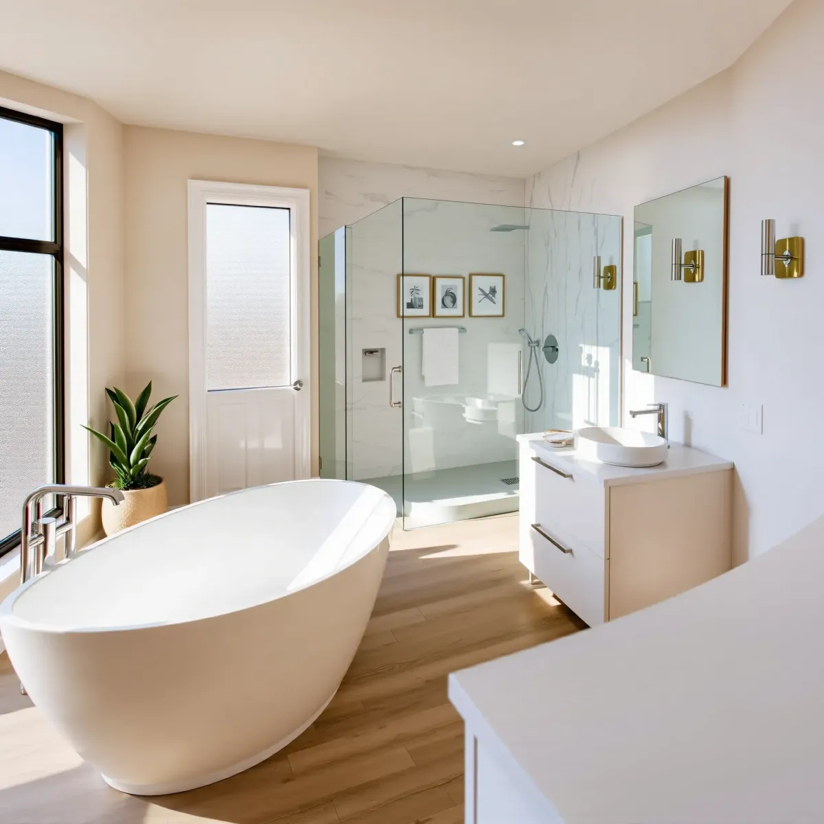 Remodeled View Park bathroom with marble floors, modern tub, glass shower, double sink, neutral tones, and lush backyard view.