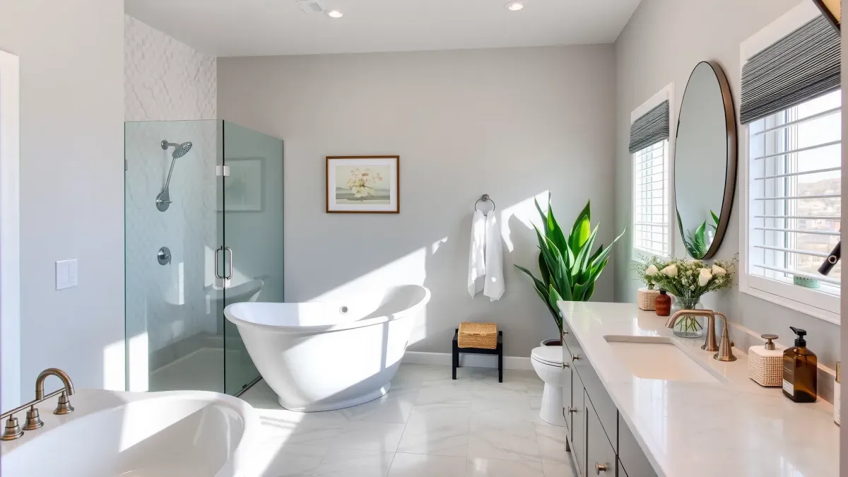 Beautiful renovated Lomita bathroom with glass shower, soaking tub, quartz vanity, neutral tiles, and modern design.