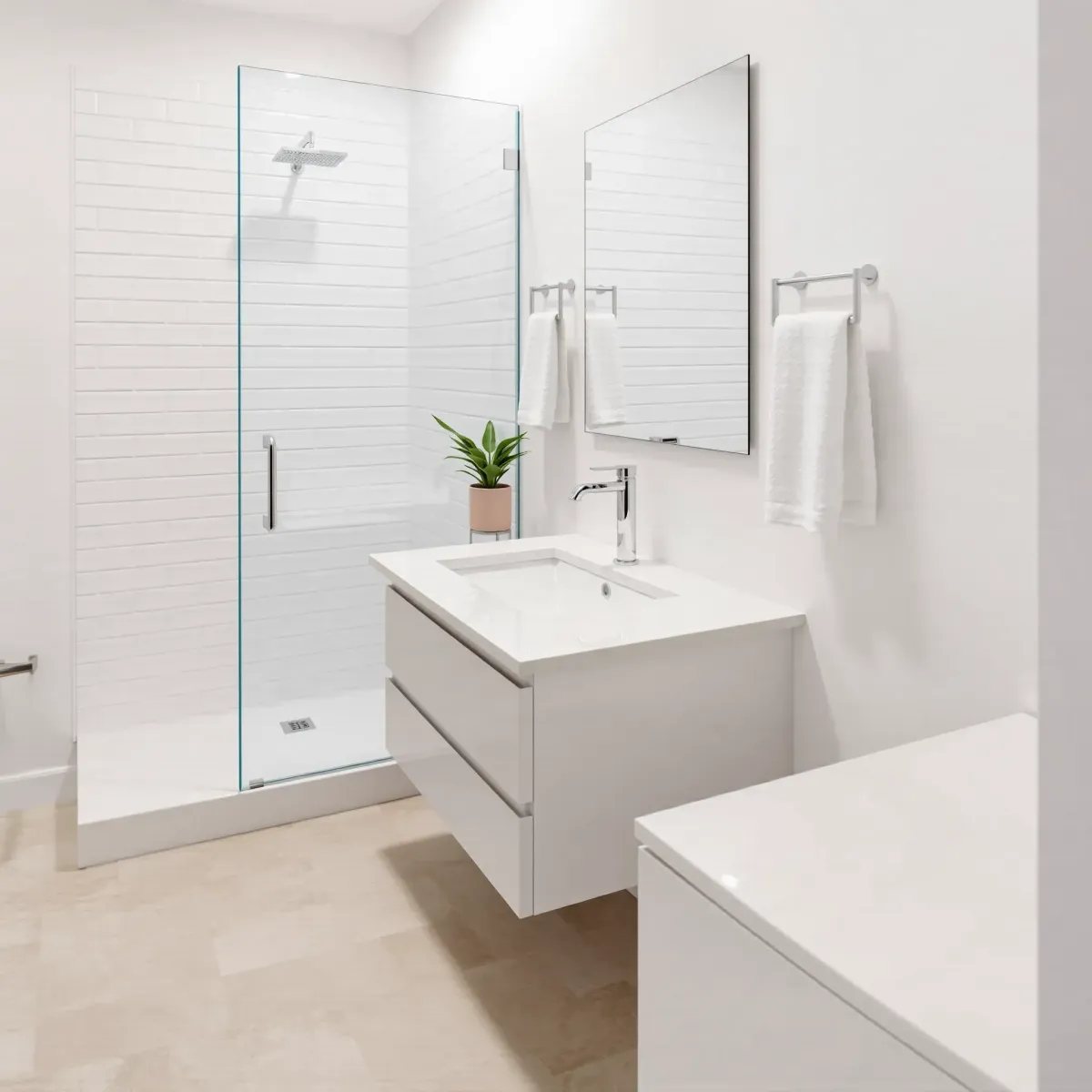 Finished small bathroom in South LA with sleek fixtures, glass shower, quartz vanity, and modern finishes.