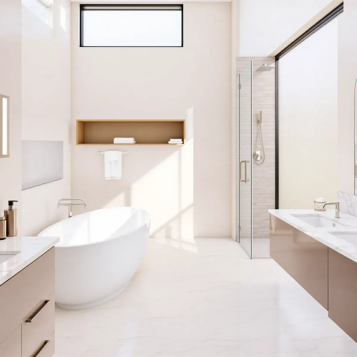 Remodeled Mar Vista bathroom with modern fixtures, freestanding tub, walk-in shower, sleek vanity, and lush plants.