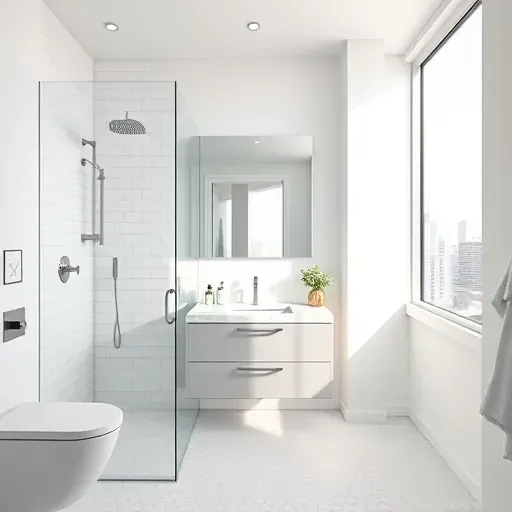 Renovated small Los Angeles bathroom with modern fixtures, glass shower, floating vanity, large mirror, neutral tones, and cityview window