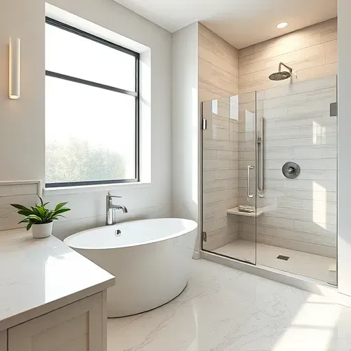 Luxurious bathroom remodel in Carson, CA with freestanding tub, marble countertops, modern tiles, and serene ambiance.