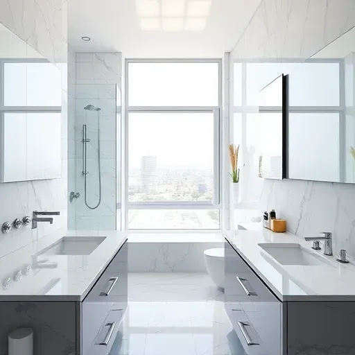 Modern renovated Los Angeles bathroom with marble countertops sleek fixtures glossy tiles spacious shower and city views
