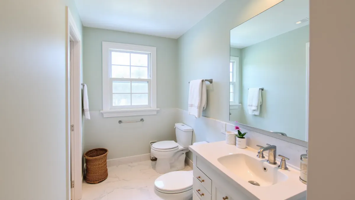 Venice, CA bathroom remodel with white marble tiles, black fixtures, coastal decor, natural light, and modern design.